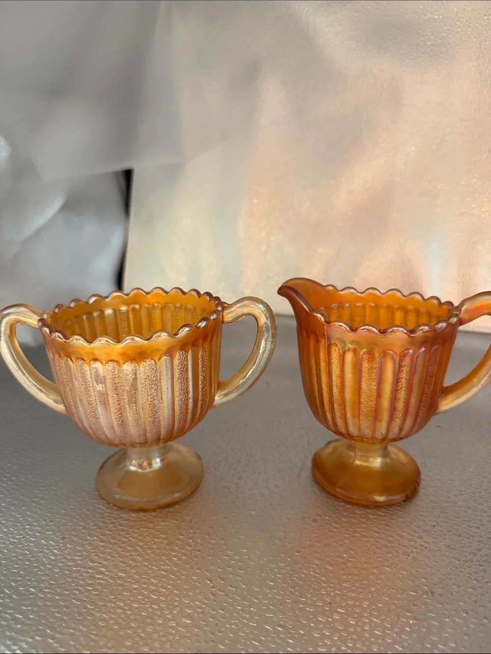 Vintage “Striped Rays” Carnival Glass sugar and creamer set.